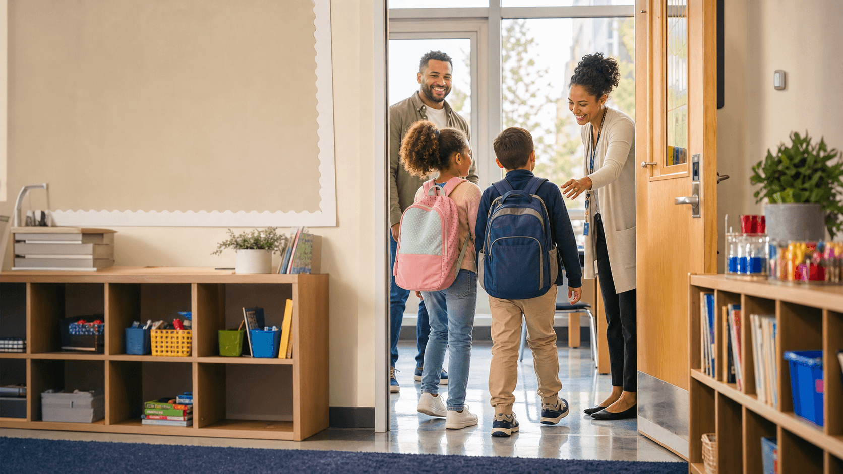 Family being welcomed into a classroom