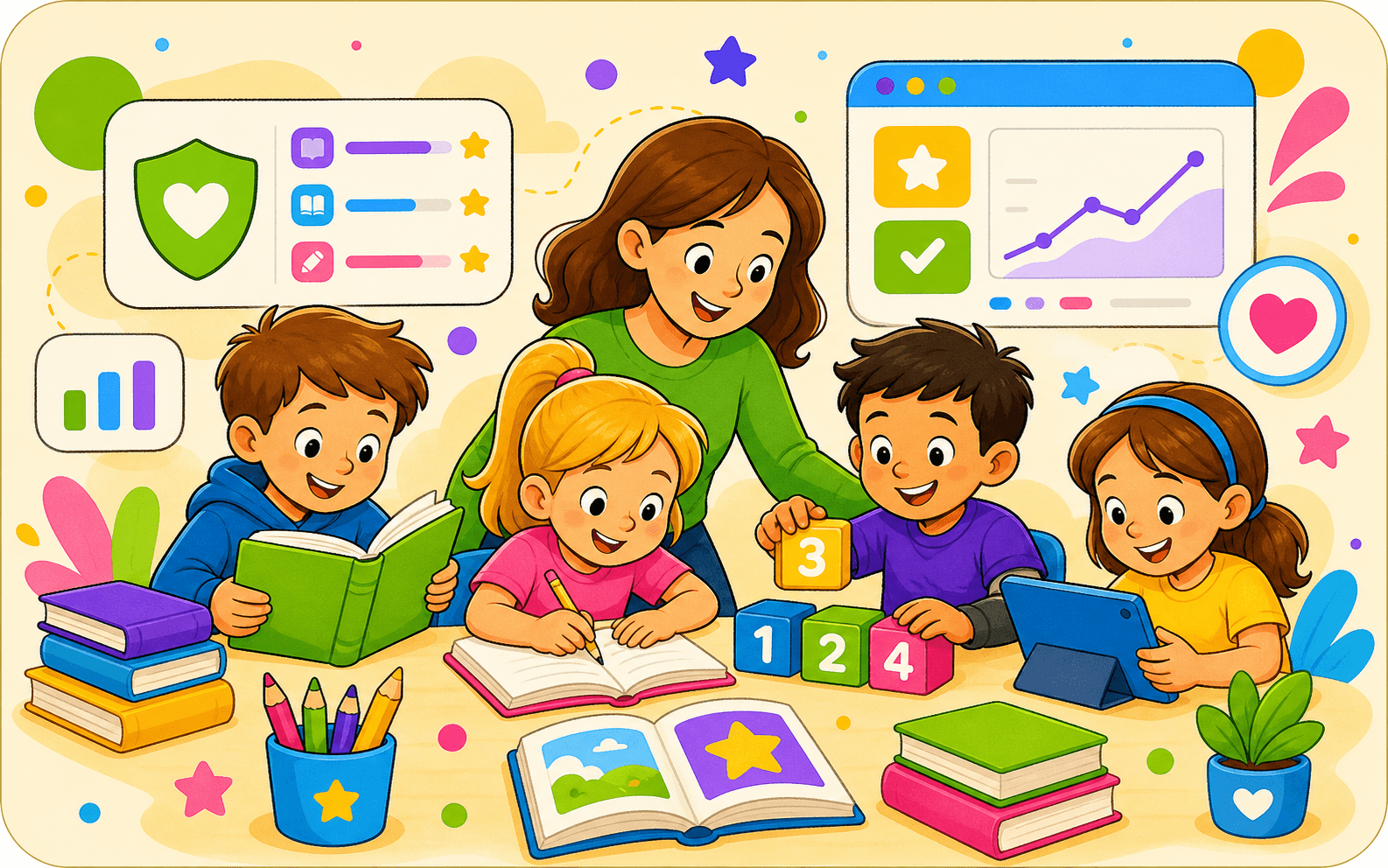 Kids practicing reading, writing, and math with a parent guide in TaleTykes.