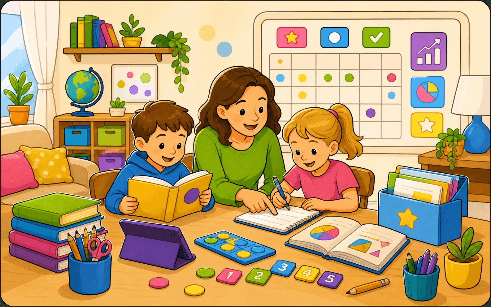 A parent guiding kids through reading, writing, and math at a home learning table.
